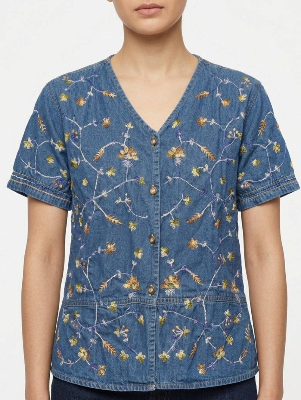 VTG Jane Ashley Floral Embroidered Denim Button Down Top Medium 100% Cotton